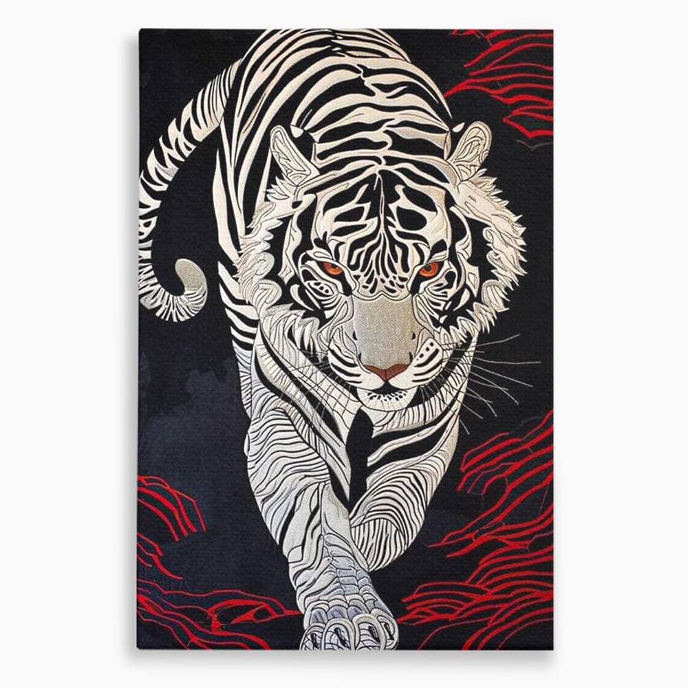 Tablou canvas cu tablou vertical cu tigru alb pe fundal negru, fara rama, pe sasiu de lemn